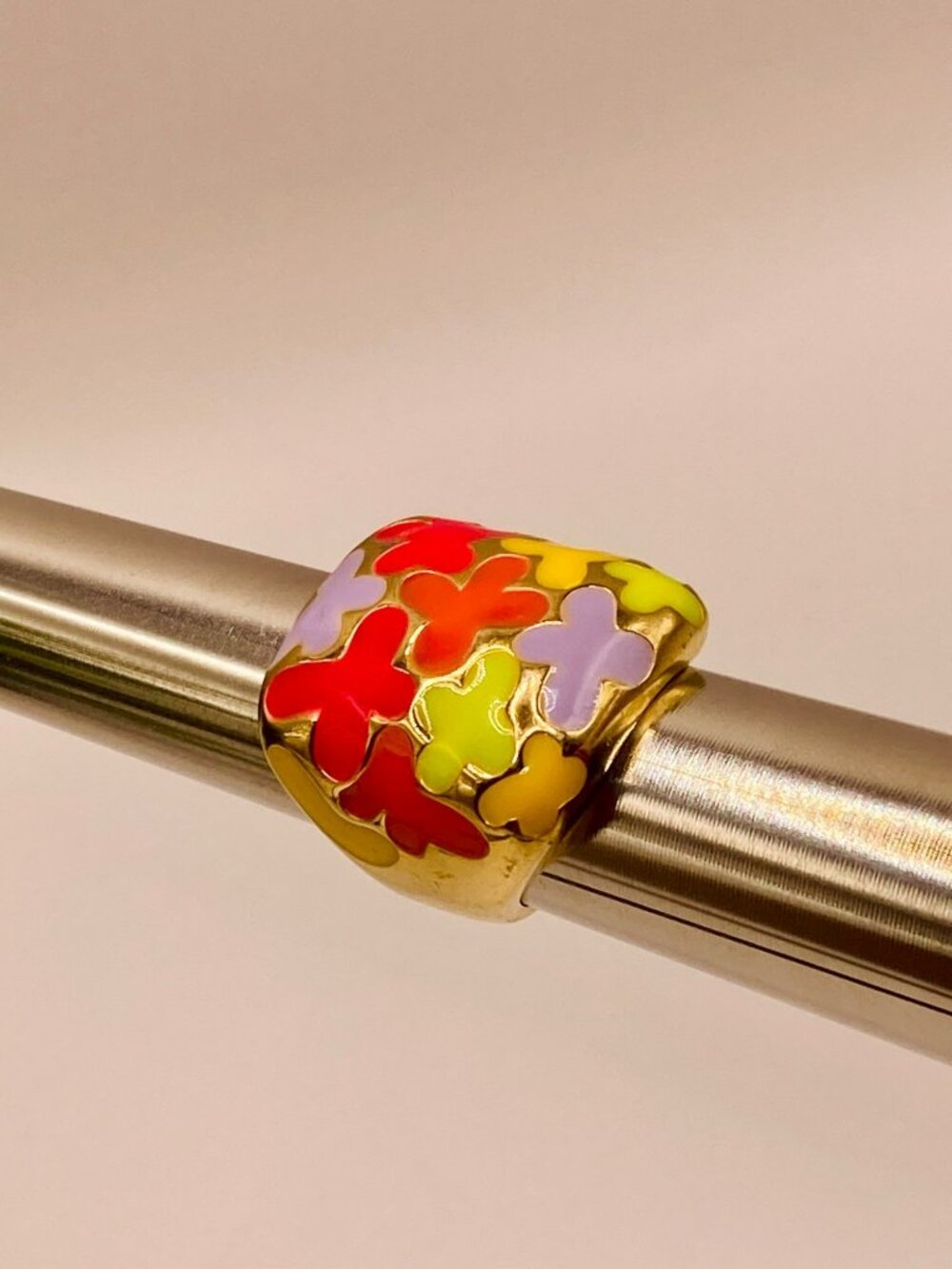 Bakari Artisan Flower-Enamel Gold-Tone Ring Multicolor Design -67B